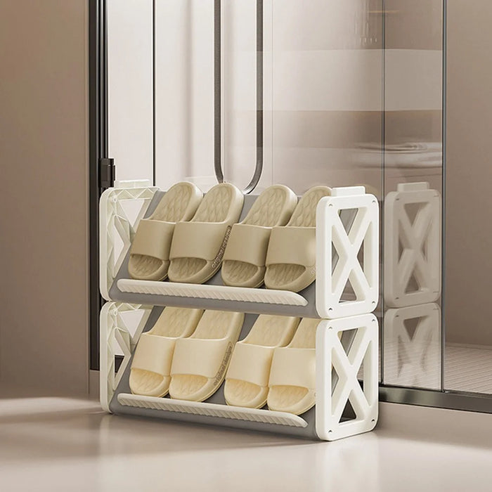 2-Tier Plastic Shoe Rack Indoor Hallway Narrow Shoe Cabinet Space Saving Entryway Organizer - White  /  Grey - 2