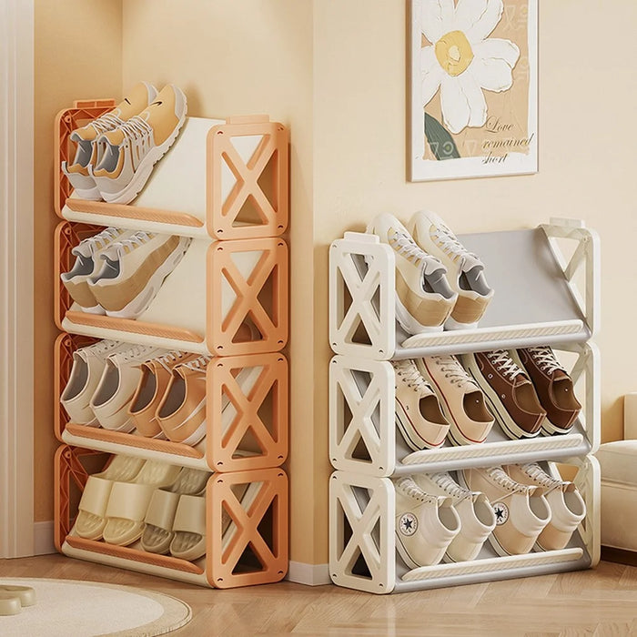 3 Layer Plastic Shoe Rack Space Saving Entryway Organizer Large Capacity Indoor Hallway Storage Shelf - Cream - 4