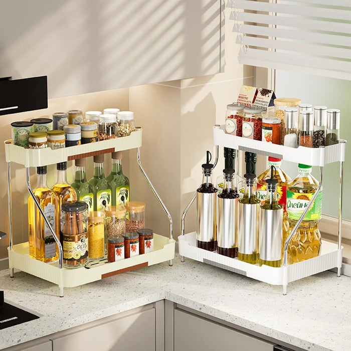 2-Layer Kitchen Countertop Organizer Rack Spice Bottle Storage Shelf for Home - Beige - 6