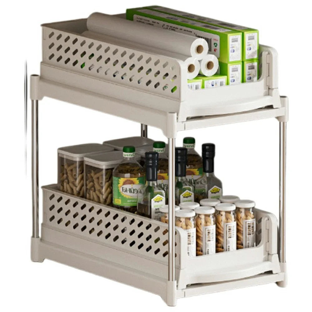 Foldable 2-Tier Pull-Out Shelf Organizer For Kitchen Sink Cabinet Spice Rack Space Saving Storage - White - 1