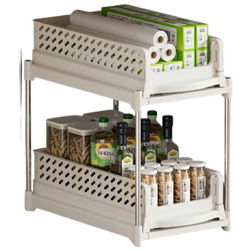 Foldable 2-Tier Pull-Out Shelf Organizer For Kitchen Sink Cabinet Spice Rack Space Saving Storage - White - 1
