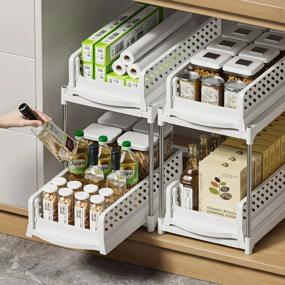 Foldable 2-Tier Pull-Out Shelf Organizer For Kitchen Sink Cabinet Spice Rack Space Saving Storage - White - 3