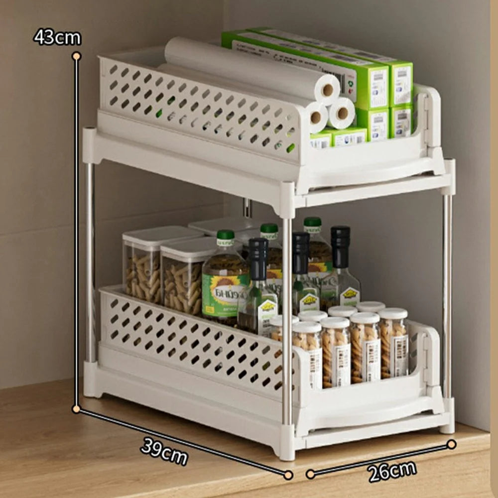 Foldable 2-Tier Pull-Out Shelf Organizer For Kitchen Sink Cabinet Spice Rack Space Saving Storage - White - 4