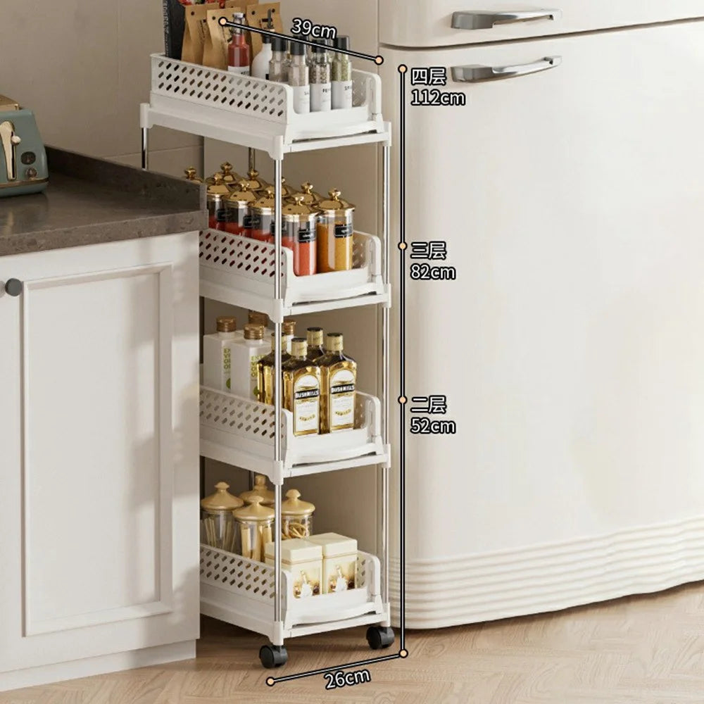 4-Tier Folding Storage Holder Slim Kitchen Spice Rack Bathroom Organizer with Wheels - White - 1