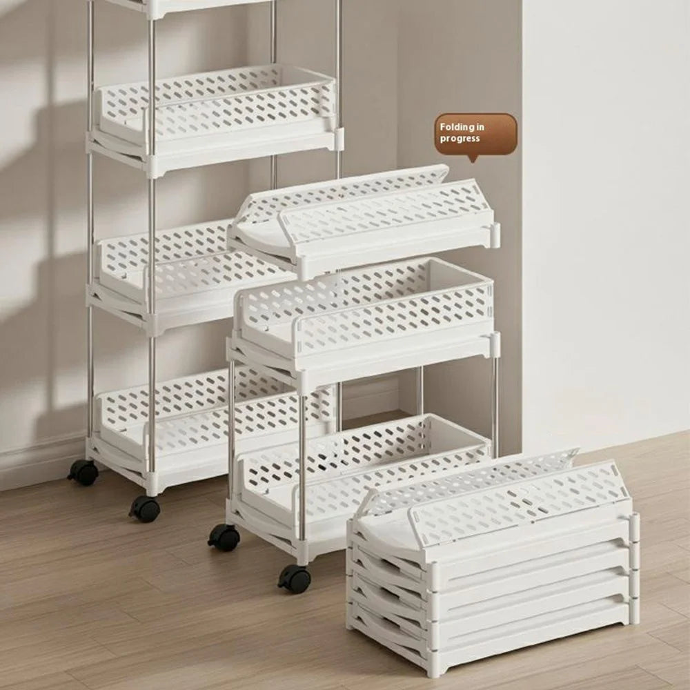 4-Tier Folding Storage Holder Slim Kitchen Spice Rack Bathroom Organizer with Wheels - White - 2