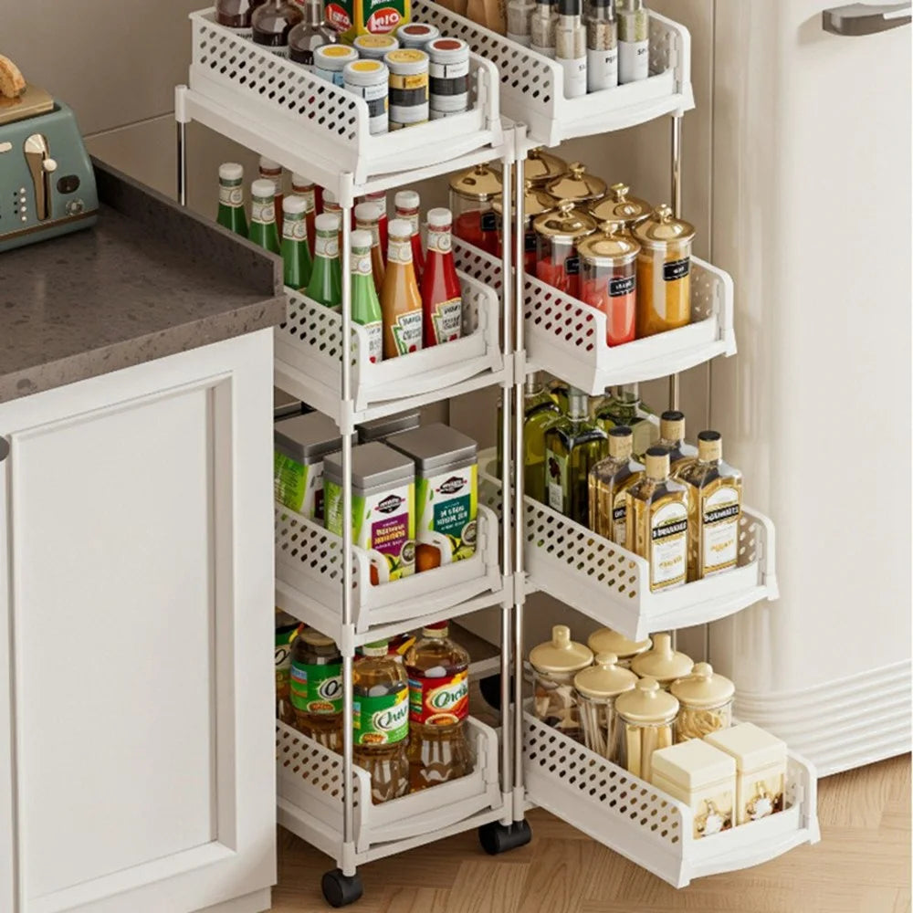 4-Tier Folding Storage Holder Slim Kitchen Spice Rack Bathroom Organizer with Wheels - White - 4