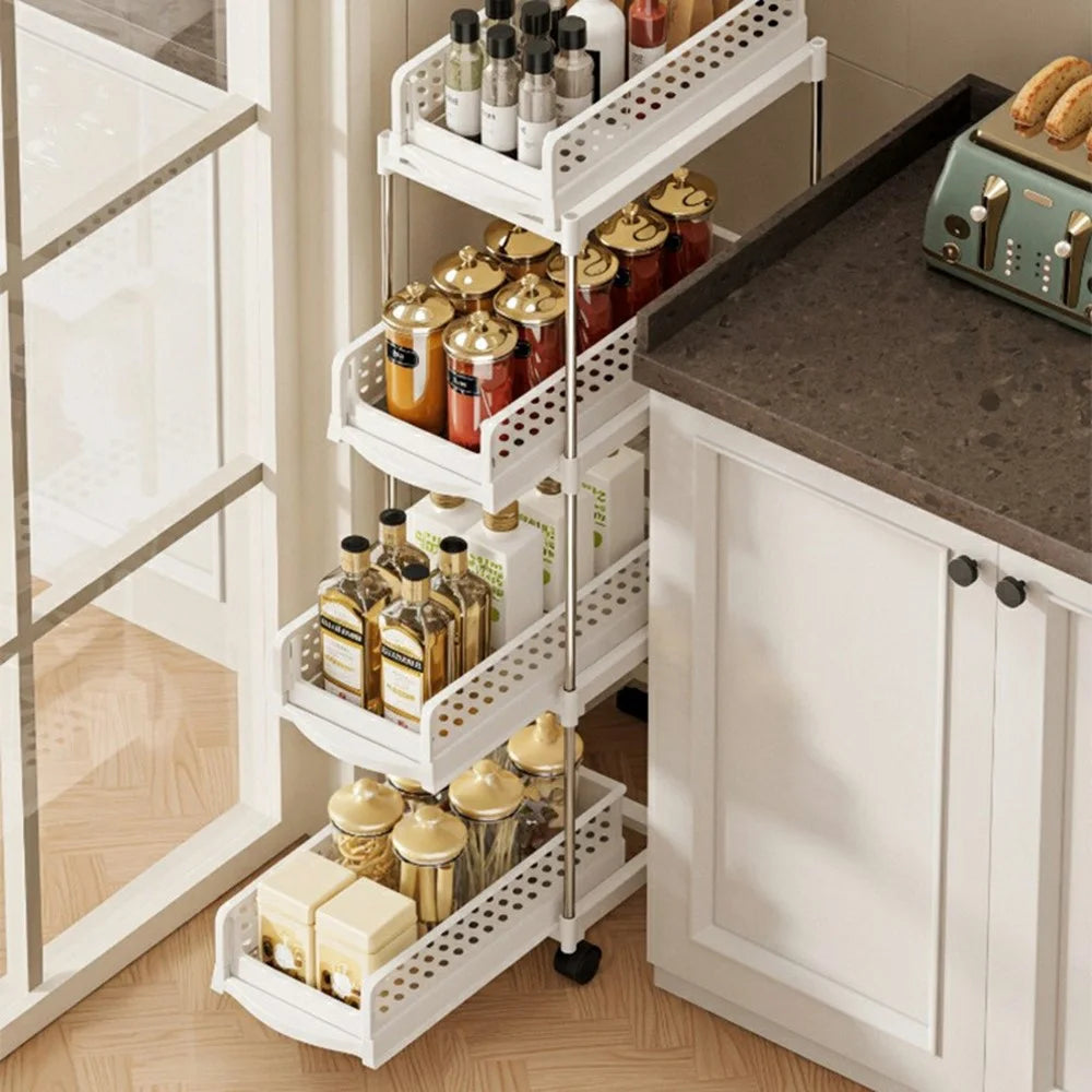 4-Tier Folding Storage Holder Slim Kitchen Spice Rack Bathroom Organizer with Wheels - White - 5