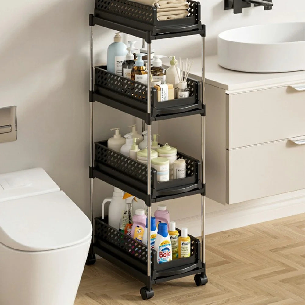 4-Tier Folding Storage Holder Slim Kitchen Spice Rack Bathroom Organizer with Wheels - White - 6