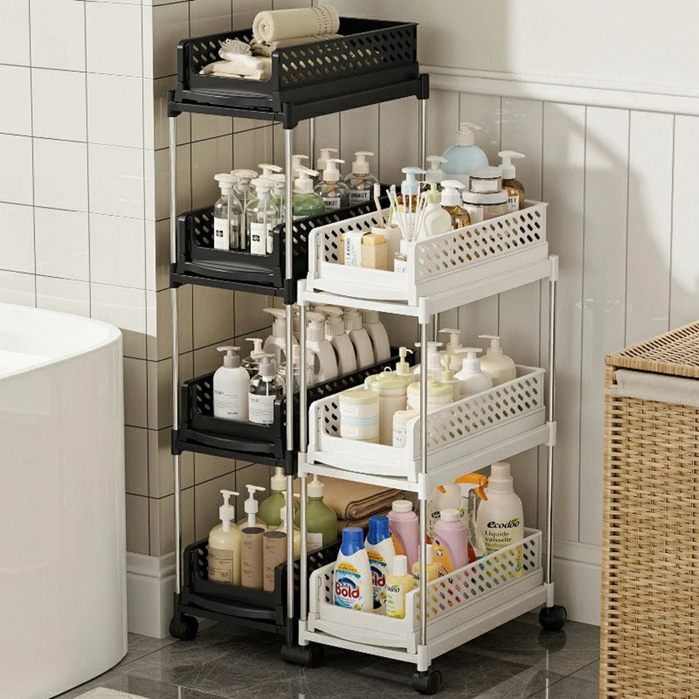 4-Tier Folding Storage Holder Slim Kitchen Spice Rack Bathroom Organizer with Wheels - White - 7