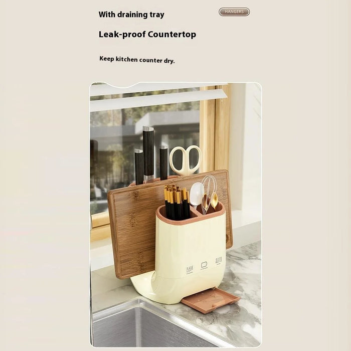 Kitchen Knife Block Organizer Cutting Board Holder Utensil Storage Rack Removable Drainable - Creamy White - 6