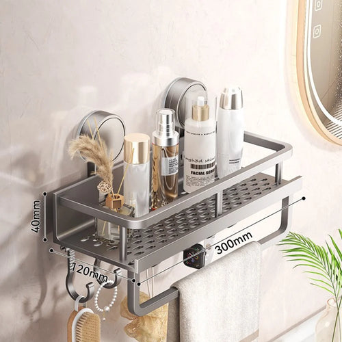 Suction Cup Bathroom Shelf 30cm Wall Mounted Storage Rack with Rod / Hooks for Toiletries - 1