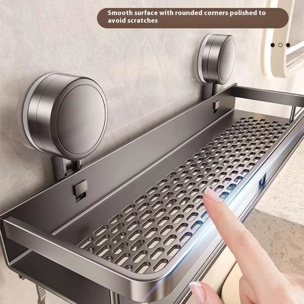 Suction Cup Bathroom Shelf 30cm Wall Mounted Storage Rack with Rod / Hooks for Toiletries - 4