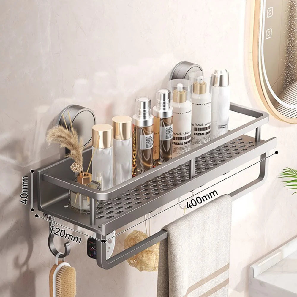 Suction Cup Bathroom Shelf 40cm Wall Mounted Storage Rack with Rod / Hooks for Toiletries - 1