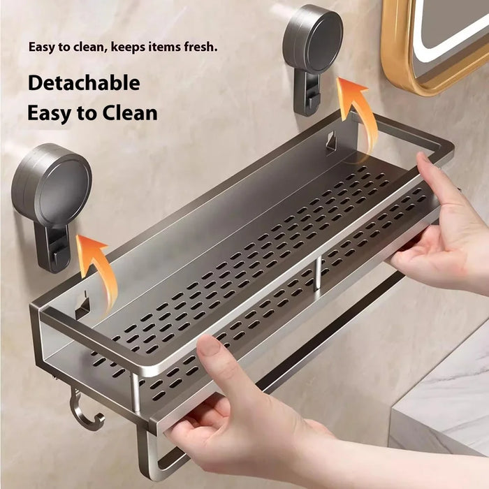 Suction Cup Bathroom Shelf 40cm Wall Mounted Storage Rack with Rod / Hooks for Toiletries - 4