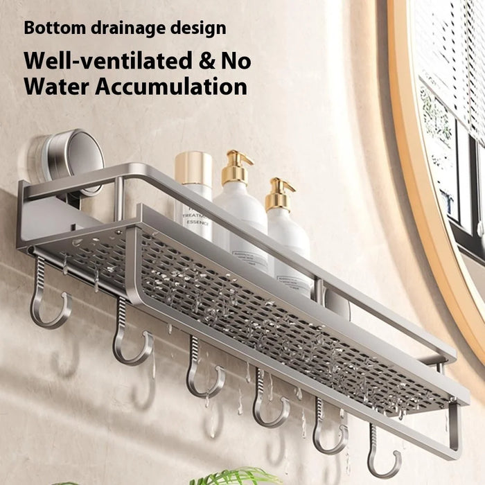 Suction Cup Bathroom Shelf 50cm Wall Mounted Storage Rack with Rod / Hooks for Toiletries - 6