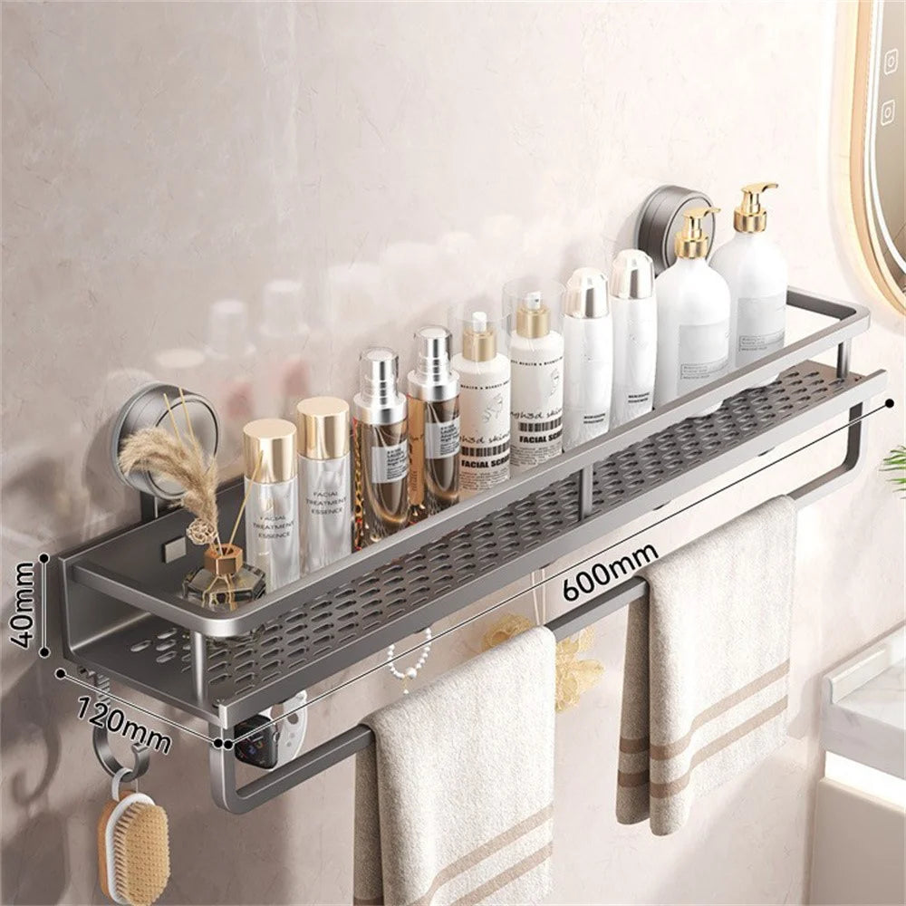 Suction Cup Bathroom Shelf 60cm Wall Mounted Storage Rack with Rod / Hooks for Toiletries - 1
