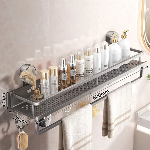 Suction Cup Bathroom Shelf 60cm Wall Mounted Storage Rack with Rod / Hooks for Toiletries - 1