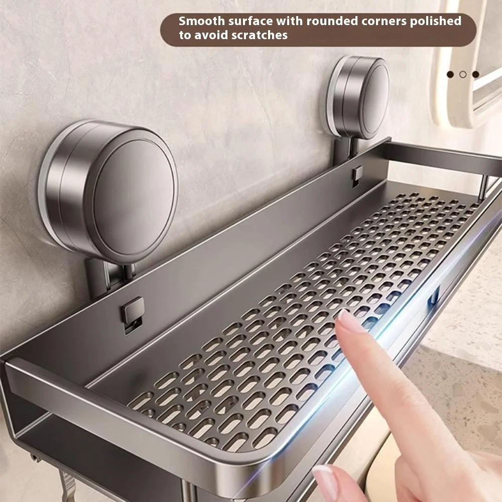 Suction Cup Bathroom Shelf 60cm Wall Mounted Storage Rack with Rod / Hooks for Toiletries - 5