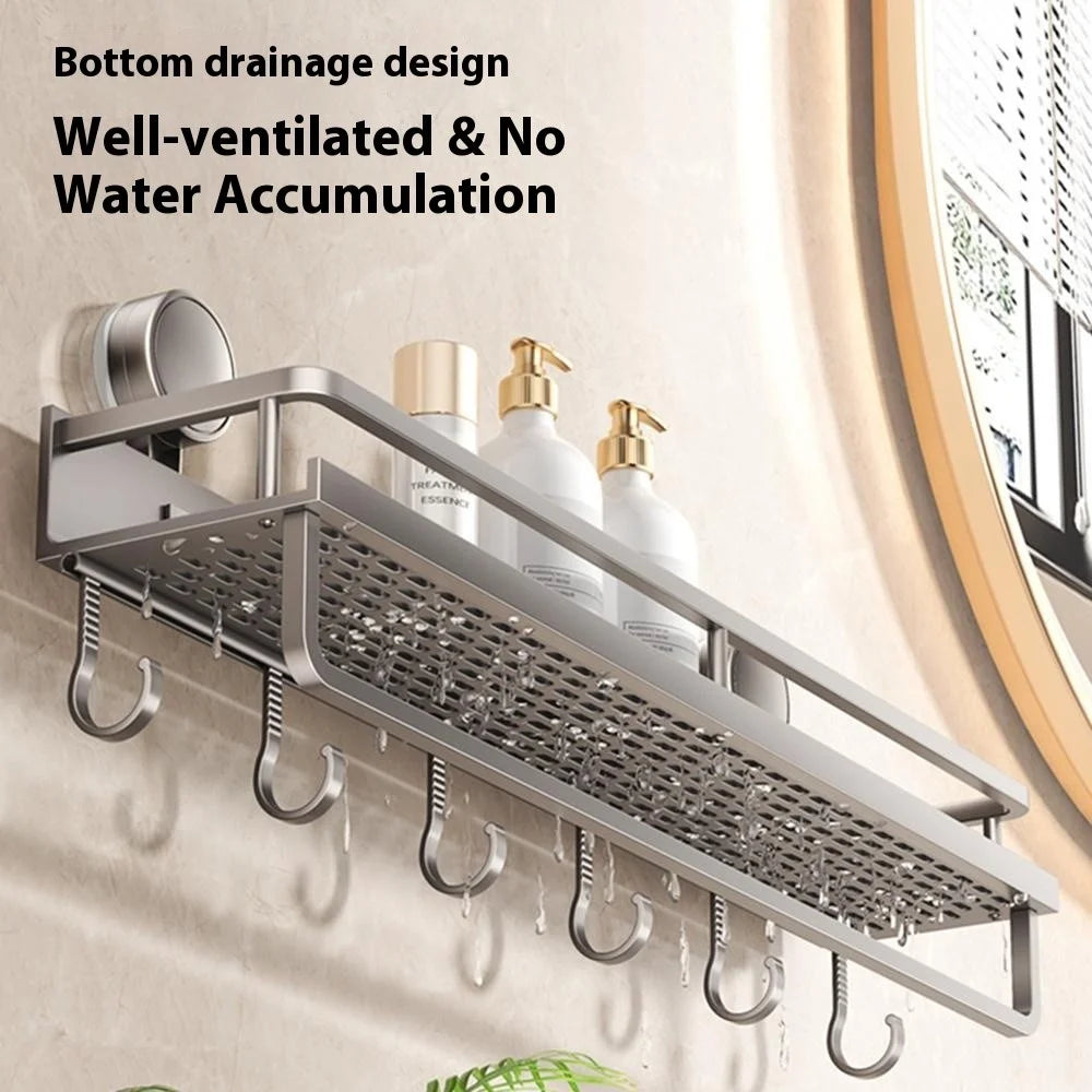 Suction Cup Bathroom Shelf 60cm Wall Mounted Storage Rack with Rod / Hooks for Toiletries - 6