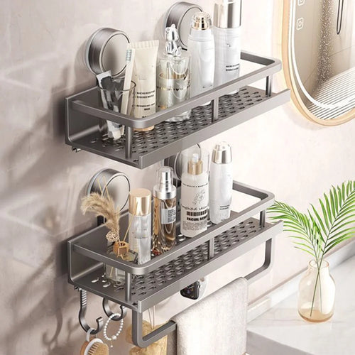 Suction Cup Bathroom Shelf 2-Tier 30cm Wall Mounted Storage Rack with Rod / Hooks No Drilling for Toiletries - 1