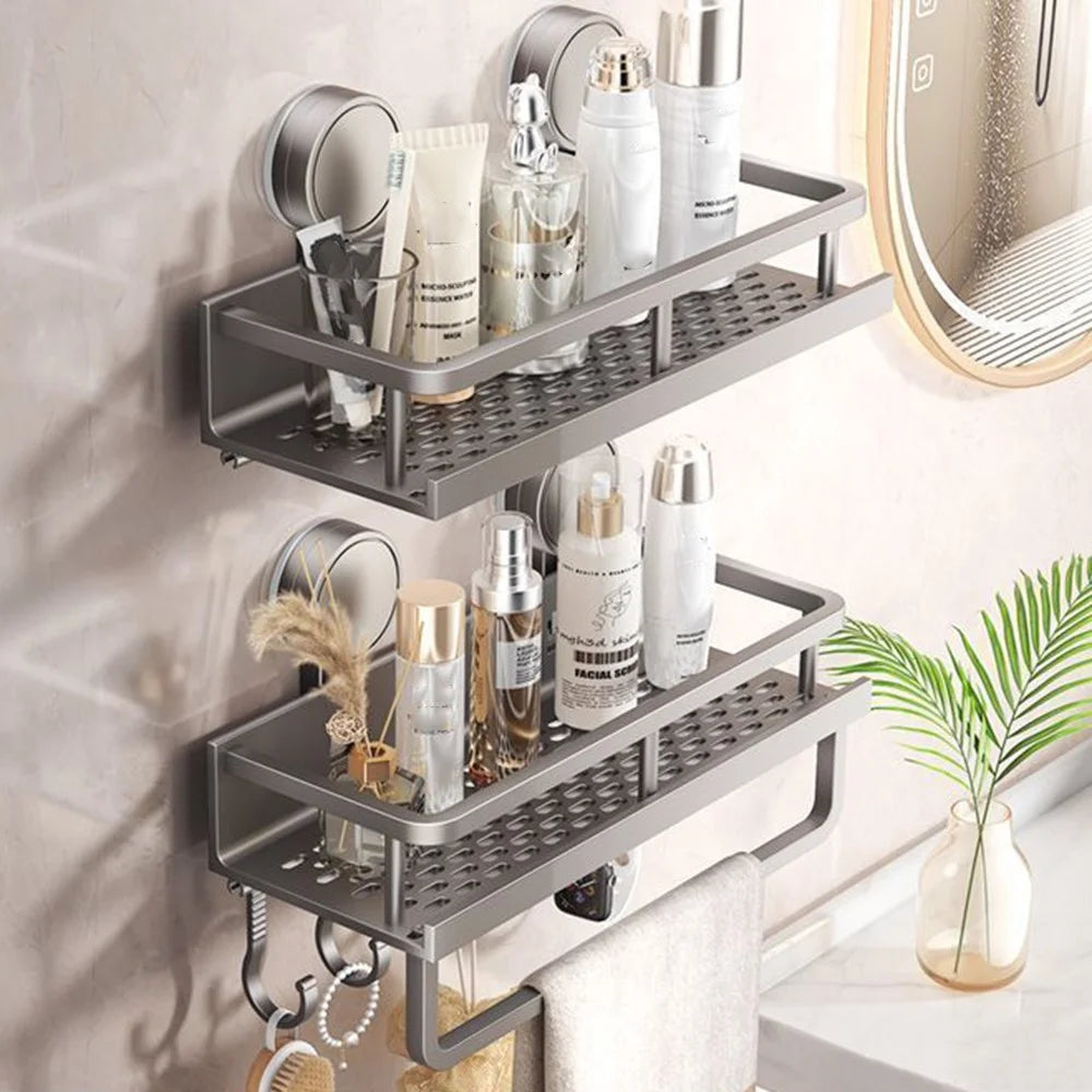 Suction Cup Bathroom Shelf 2-Tier 30cm Wall Mounted Storage Rack with Rod / Hooks No Drilling for Toiletries - 1