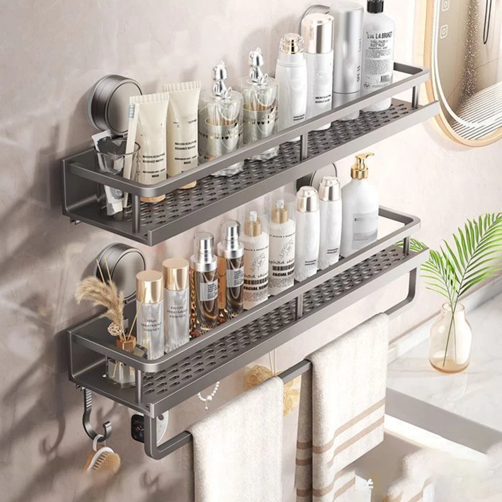 Suction Cup Bathroom Shelf 2-Tier 40cm Wall Mounted Storage Rack with Rod / Hooks No Drilling for Toiletries - 1
