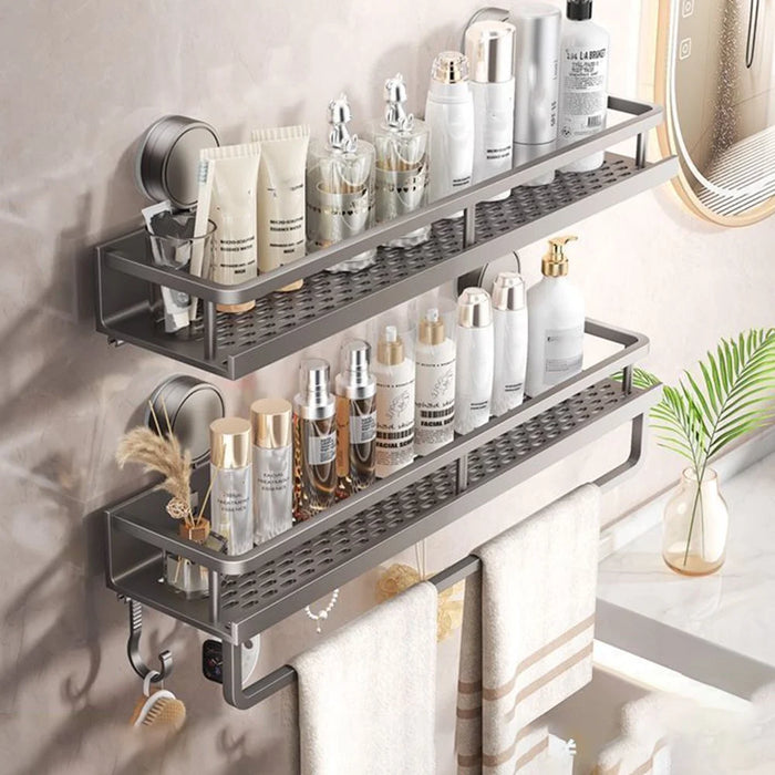 Suction Cup Bathroom Shelf 2-Tier 40cm Wall Mounted Storage Rack with Rod / Hooks No Drilling for Toiletries - 1