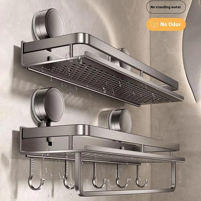 Suction Cup Bathroom Shelf 2-Tier 40cm Wall Mounted Storage Rack with Rod / Hooks No Drilling for Toiletries - 3