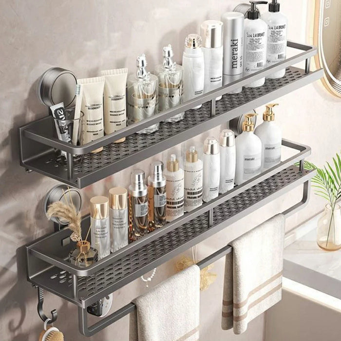 Suction Cup Bathroom Shelf 2-Tier 60cm Wall Mounted Storage Rack with Rod / Hooks No Drilling for Toiletries - 1