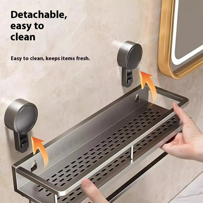 Suction Cup Bathroom Shelf 2-Tier 60cm Wall Mounted Storage Rack with Rod / Hooks No Drilling for Toiletries - 3