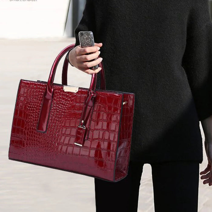 Fashion Crocodile Texture Handbag PU Leather Women Tote Bag Shoulder Bag - Wine Red - 2