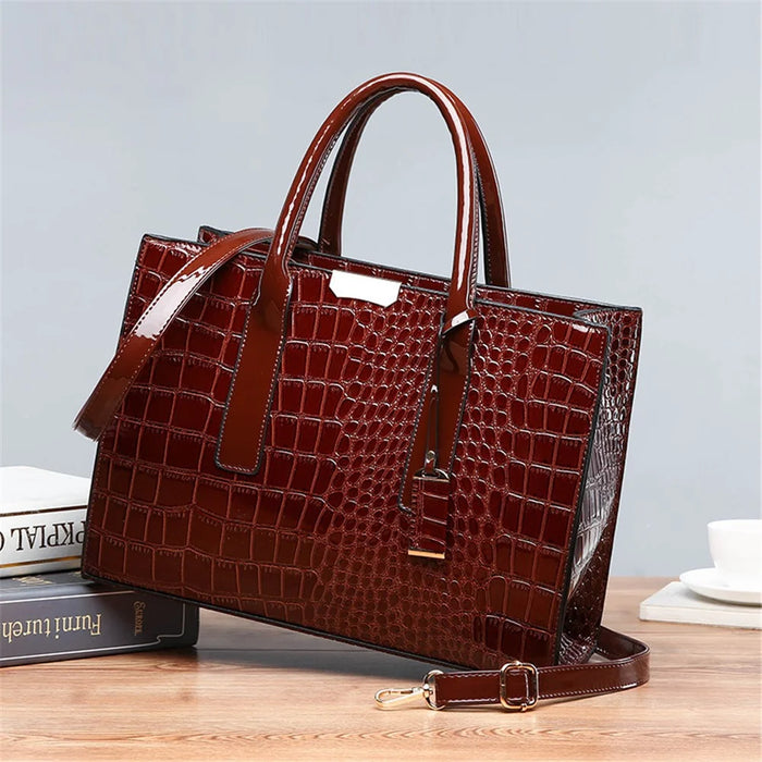 Fashion Crocodile Texture Handbag PU Leather Women Tote Bag Shoulder Bag - Wine Red - 3