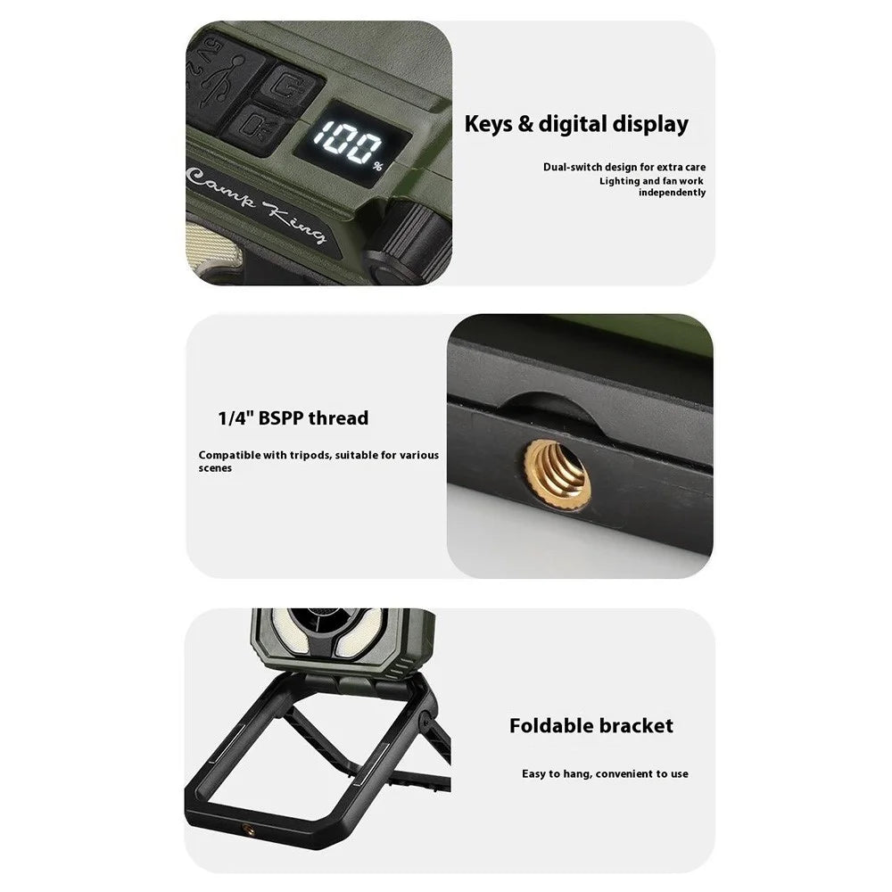 Camping Fan Light USB Rechargeable Portable Magnetic Tent Lamp with Digital Display - Army Green - 7