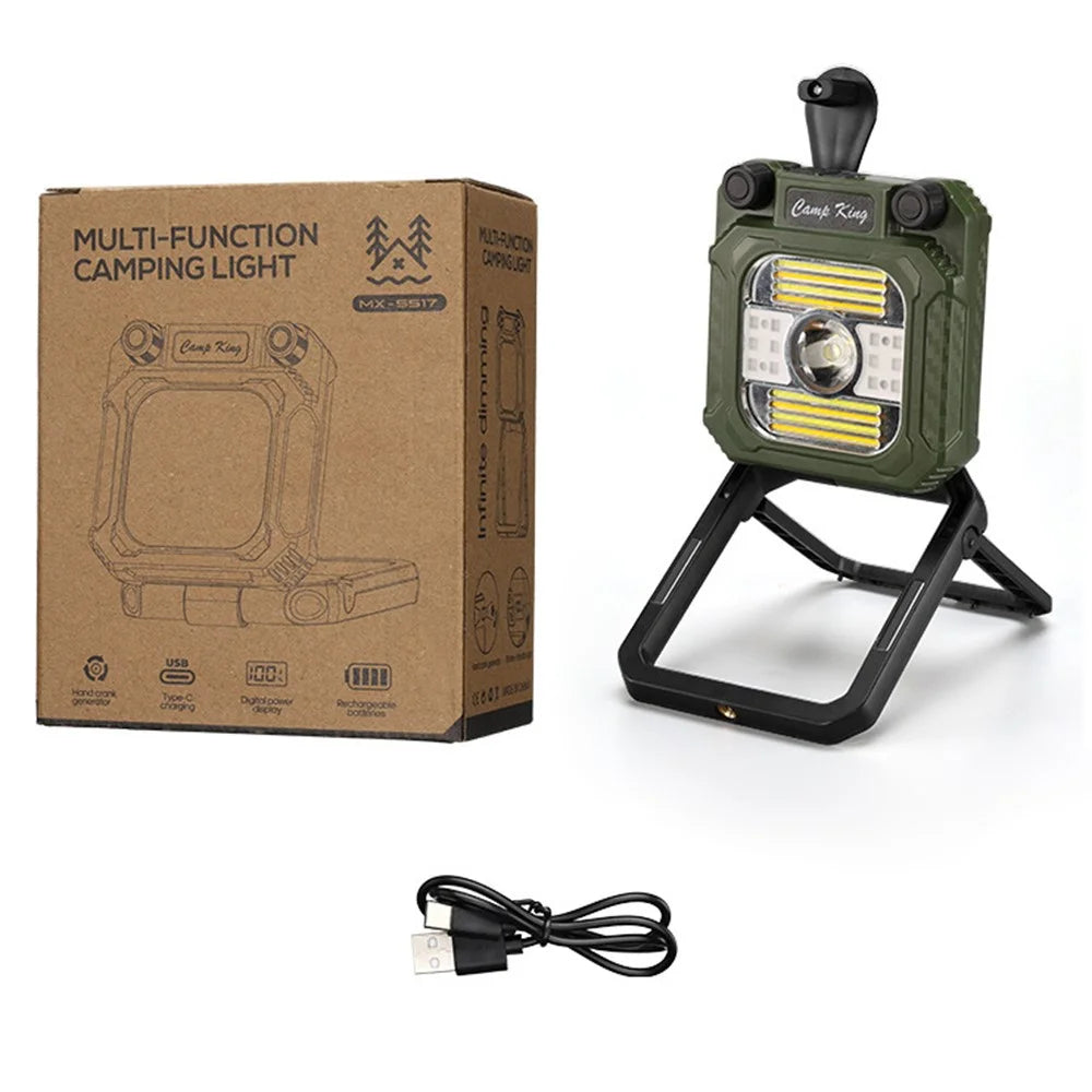 Camping Fan Light with Digital Display / Hand Crank USB Rechargeable Portable Magnetic Tent Lamp - Army Green - 1