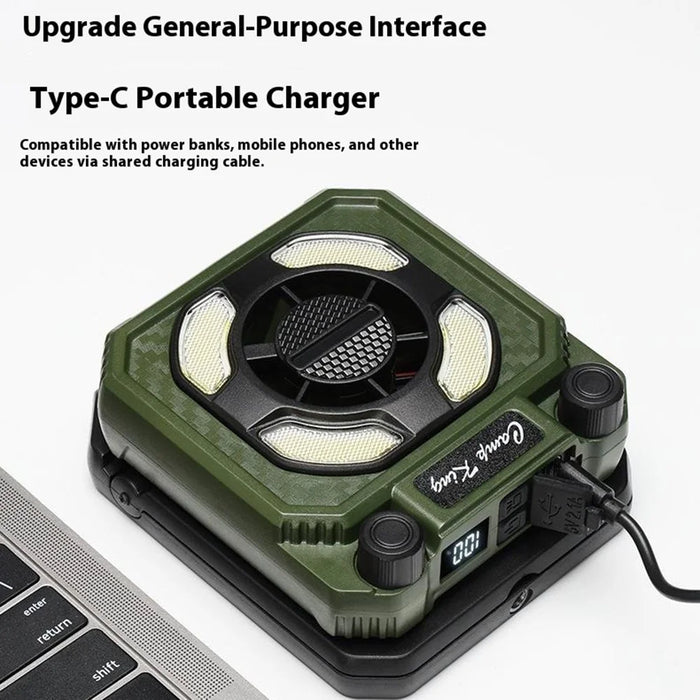 Camping Fan Light with Digital Display / Hand Crank USB Rechargeable Portable Magnetic Tent Lamp - Army Green - 6