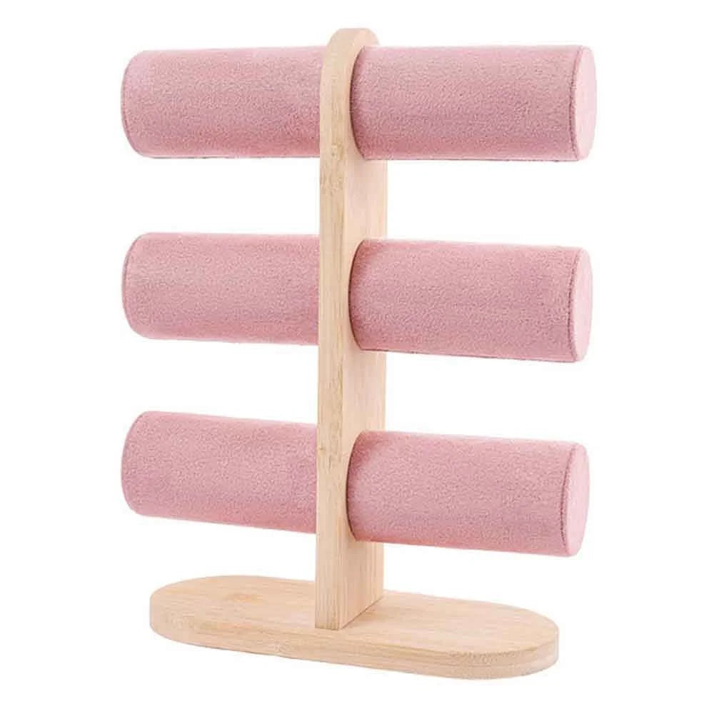 Bracelet Display Stand Multi Layer Jewelry Organizer Rack with Wooden Base for Necklaces Bangles - Pink - 1
