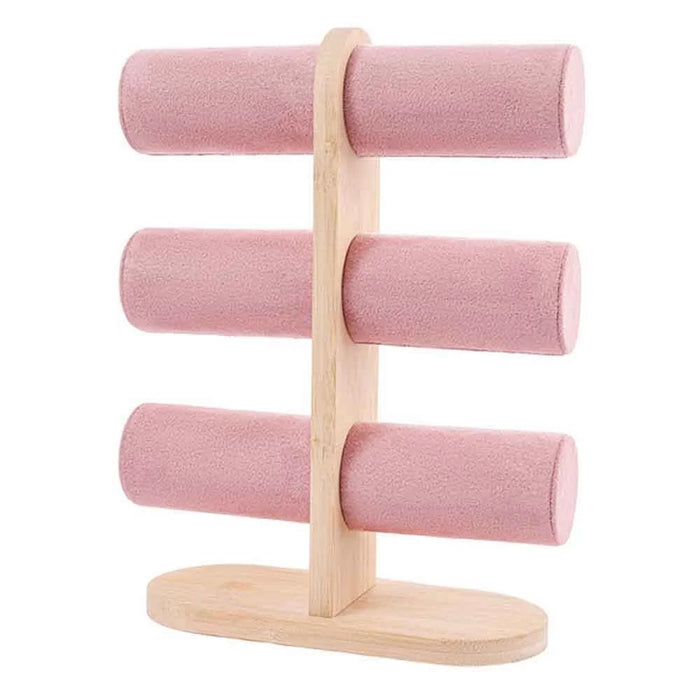 Bracelet Display Stand Multi Layer Jewelry Organizer Rack with Wooden Base for Necklaces Bangles - Pink - 1