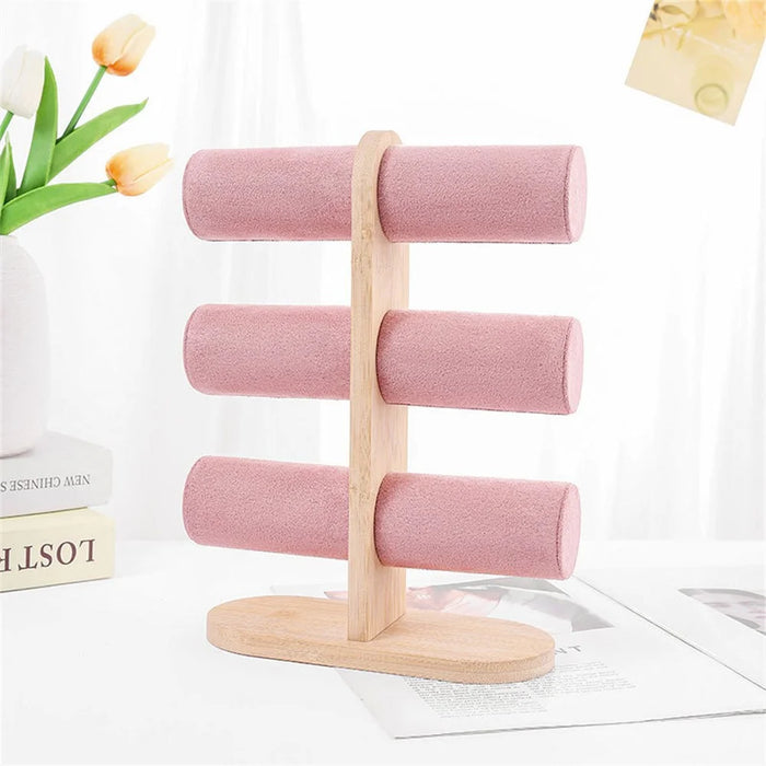 Bracelet Display Stand Multi Layer Jewelry Organizer Rack with Wooden Base for Necklaces Bangles - Pink - 2