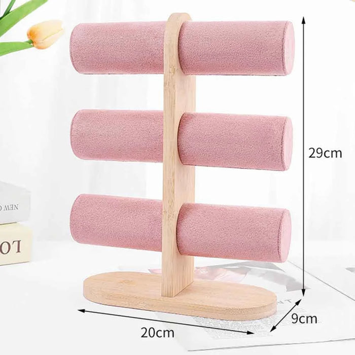 Bracelet Display Stand Multi Layer Jewelry Organizer Rack with Wooden Base for Necklaces Bangles - Pink - 3