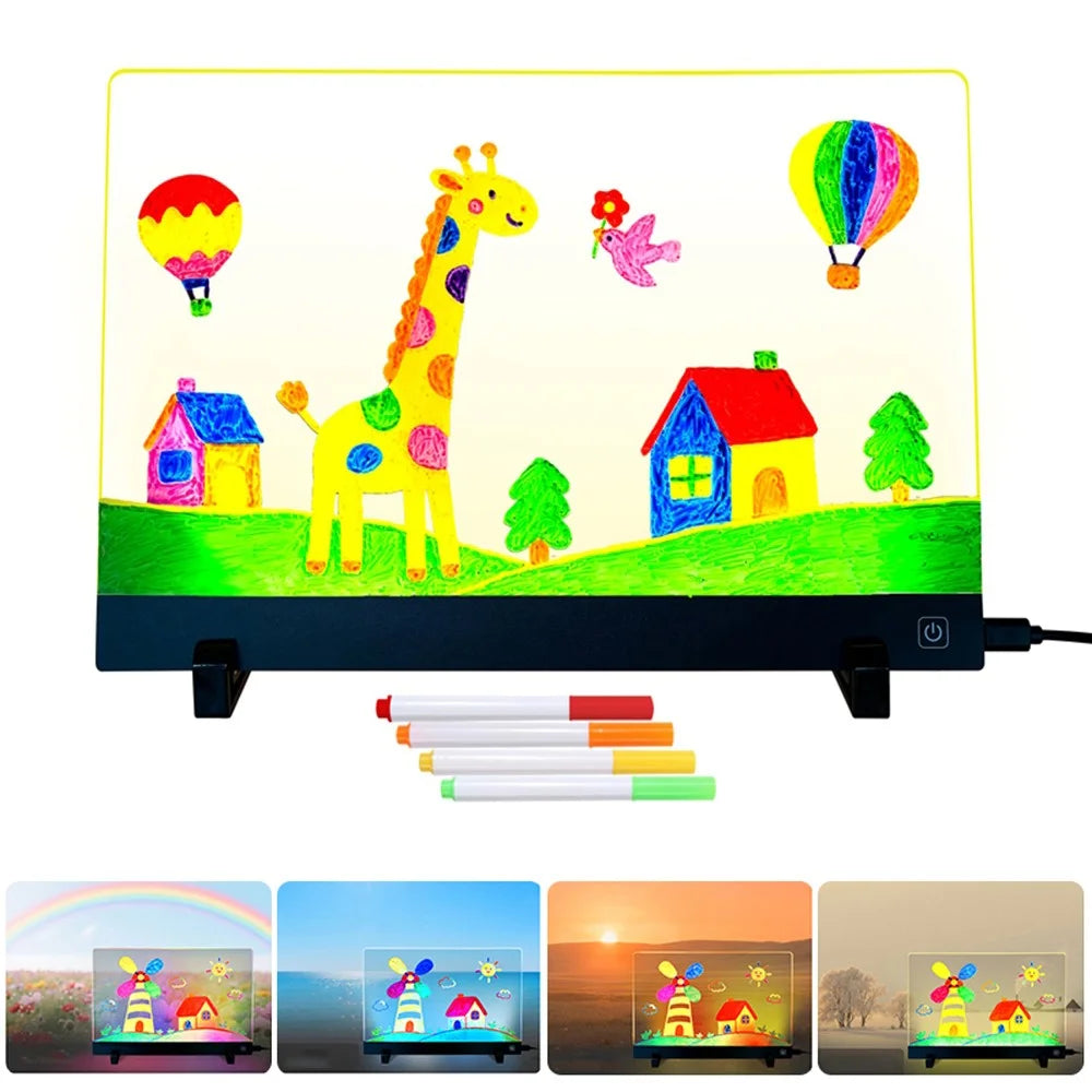 LED Drawing Board for Kids Gift, 20 x 30cm USB Powered Erasable Acrylic Illuminated Writing Tablet with Stand and Color Pencils - 3