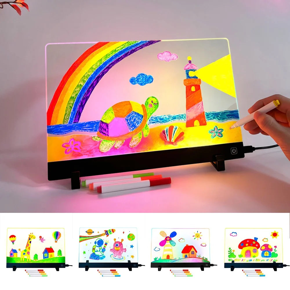 LED Drawing Board for Kids Gift, 20 x 30cm USB Powered Erasable Acrylic Illuminated Writing Tablet with Stand and Color Pencils - 4