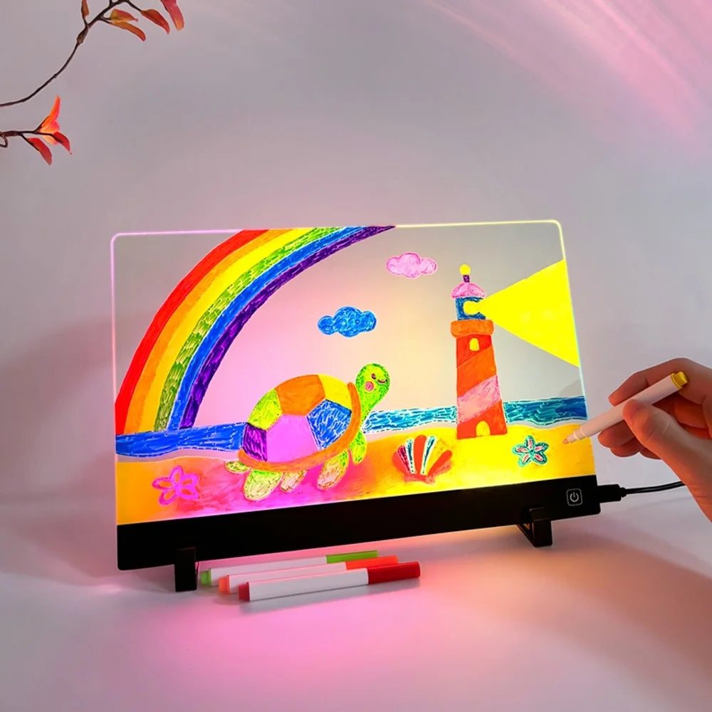 LED Drawing Board for Kids Gift, 20 x 30cm USB Powered Erasable Acrylic Illuminated Writing Tablet with Stand and Color Pencils - 6