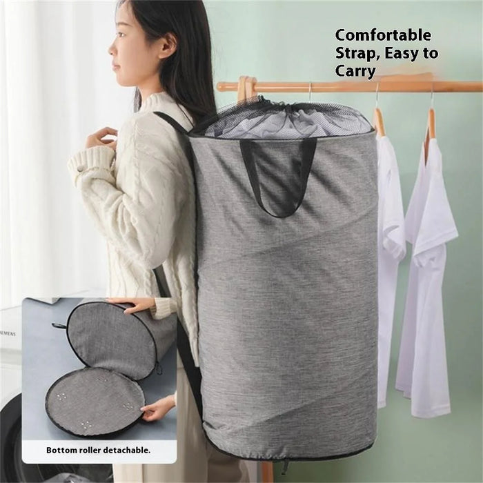 Foldable Rolling Laundry Hamper Large Capacity Oxford Fabric Clothes Basket with Wheels and Straps - Grey - 4