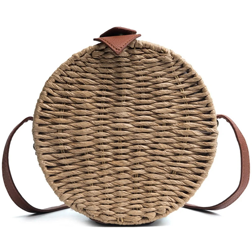 Handwoven Round Rattan Bag Natural Chic Bags Retro Crossbody Shoulder Bag with Adjustable Strap/Magnetic Closure for Women Girls - Light Brown - 1