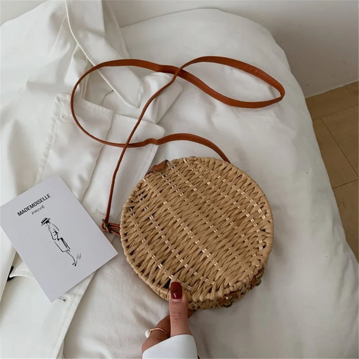 Handwoven Round Rattan Bag Natural Chic Bags Retro Crossbody Shoulder Bag with Adjustable Strap/Magnetic Closure for Women Girls - Light Brown - 2