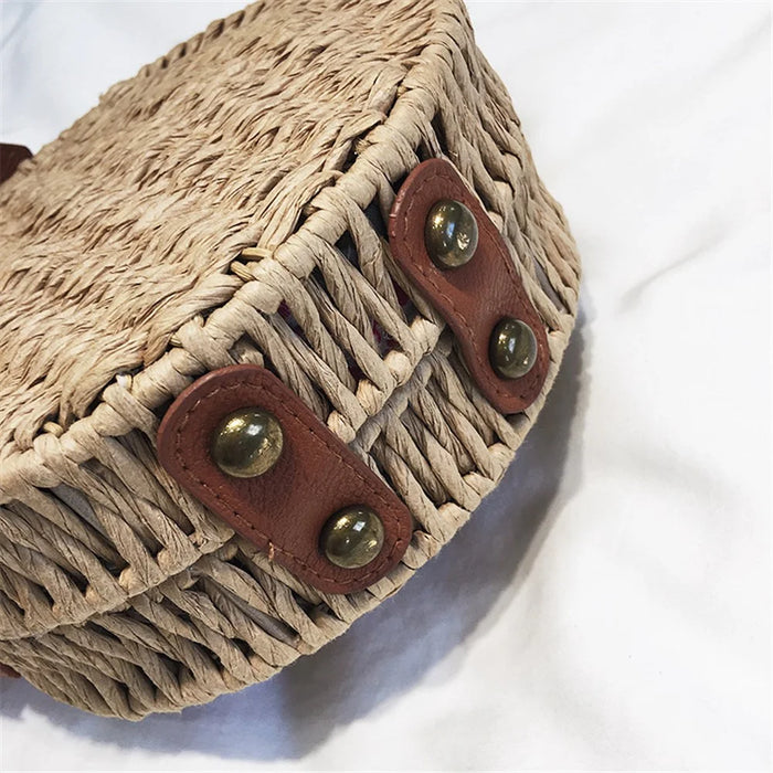 Handwoven Round Rattan Bag Natural Chic Bags Retro Crossbody Shoulder Bag with Adjustable Strap/Magnetic Closure for Women Girls - Light Brown - 4