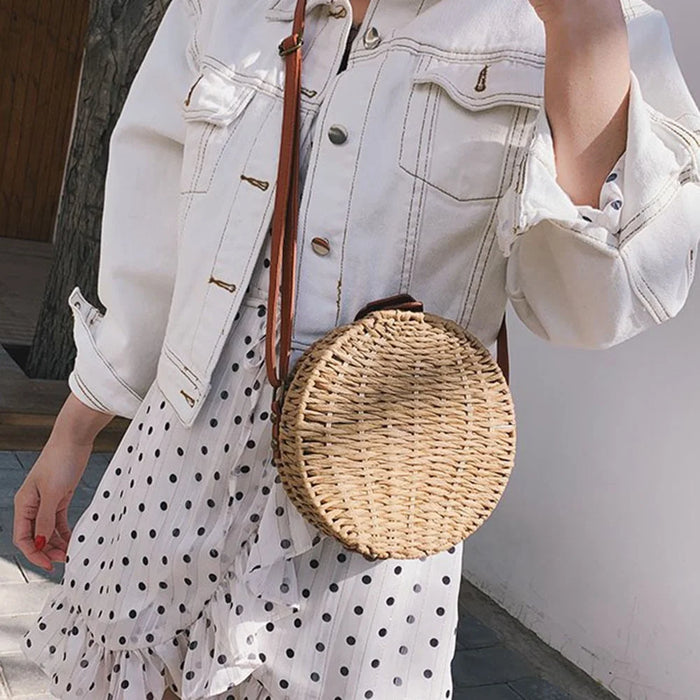 Handwoven Round Rattan Bag Natural Chic Bags Retro Crossbody Shoulder Bag with Adjustable Strap/Magnetic Closure for Women Girls - Light Brown - 6