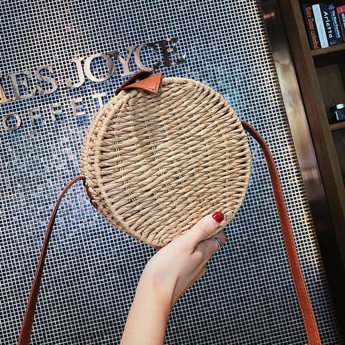 Handwoven Round Rattan Bag Natural Chic Bags Retro Crossbody Shoulder Bag with Adjustable Strap/Magnetic Closure for Women Girls - Light Brown - 7