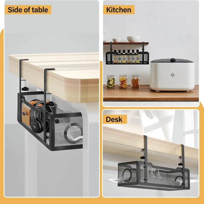 Adjustable Under Desk Storage Basket Drill Free Carbon Steel Hanging Organizer for Router Books - Black - 4