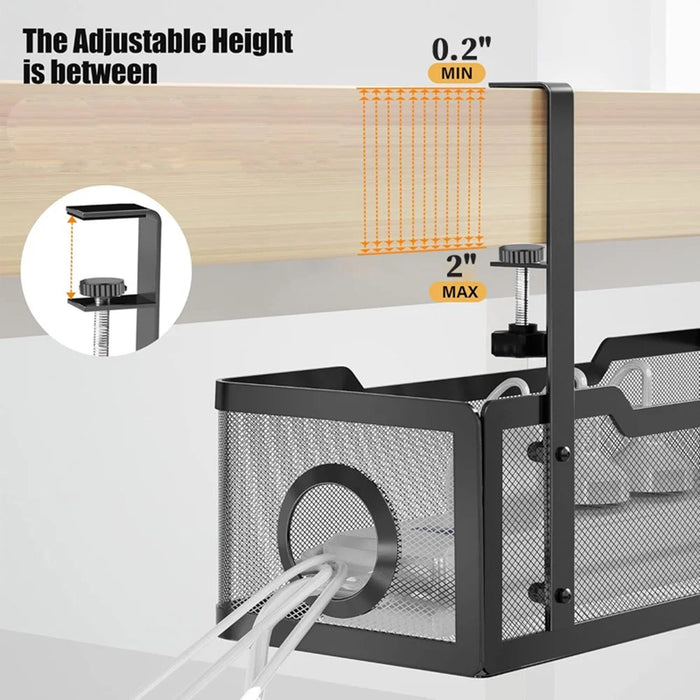 Adjustable Under Desk Storage Basket Drill Free Carbon Steel Hanging Organizer for Router Books - Black - 5
